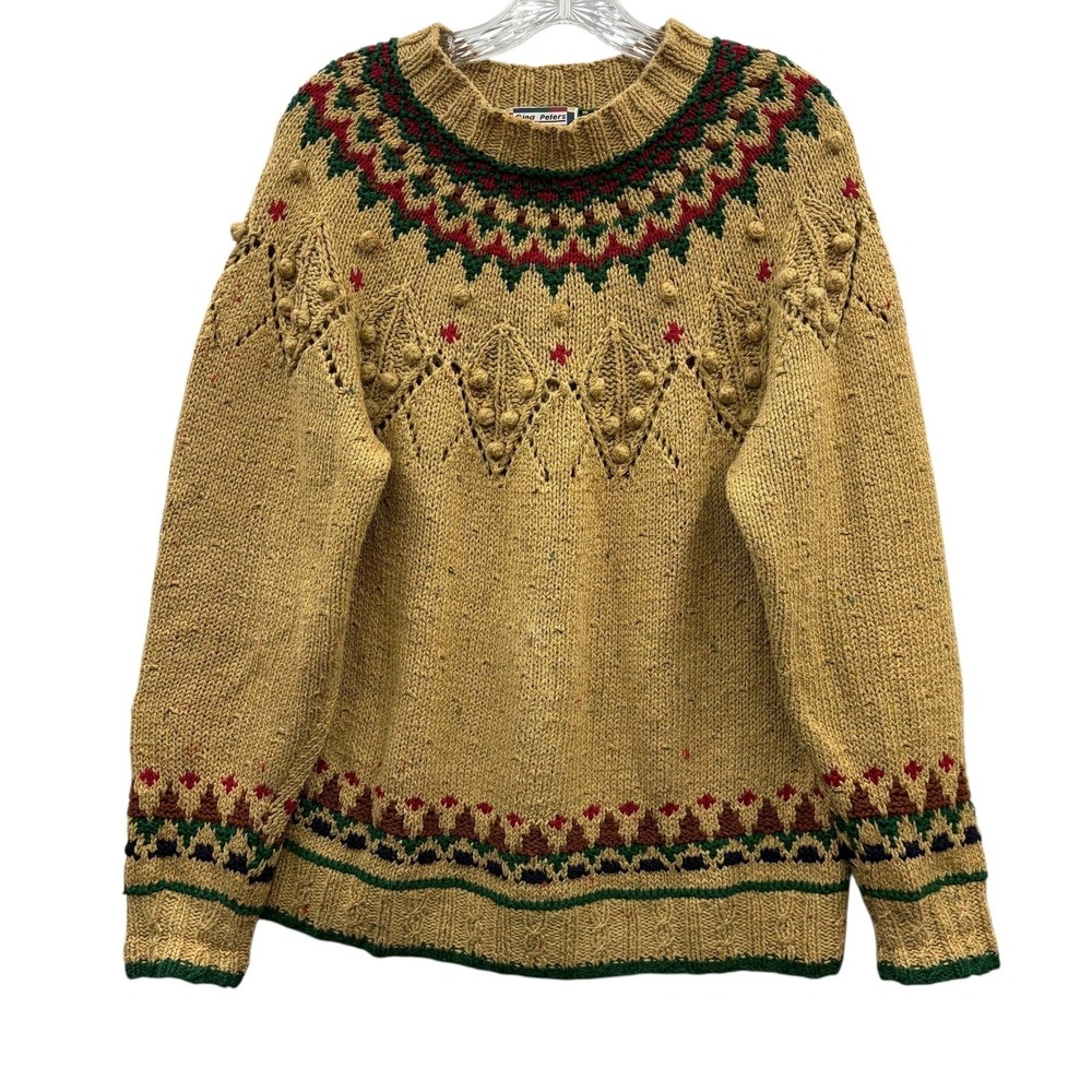 Vintage Gina Peters Fair Isle Tan Chunky Knit Sweater Nordic Christmas Holiday